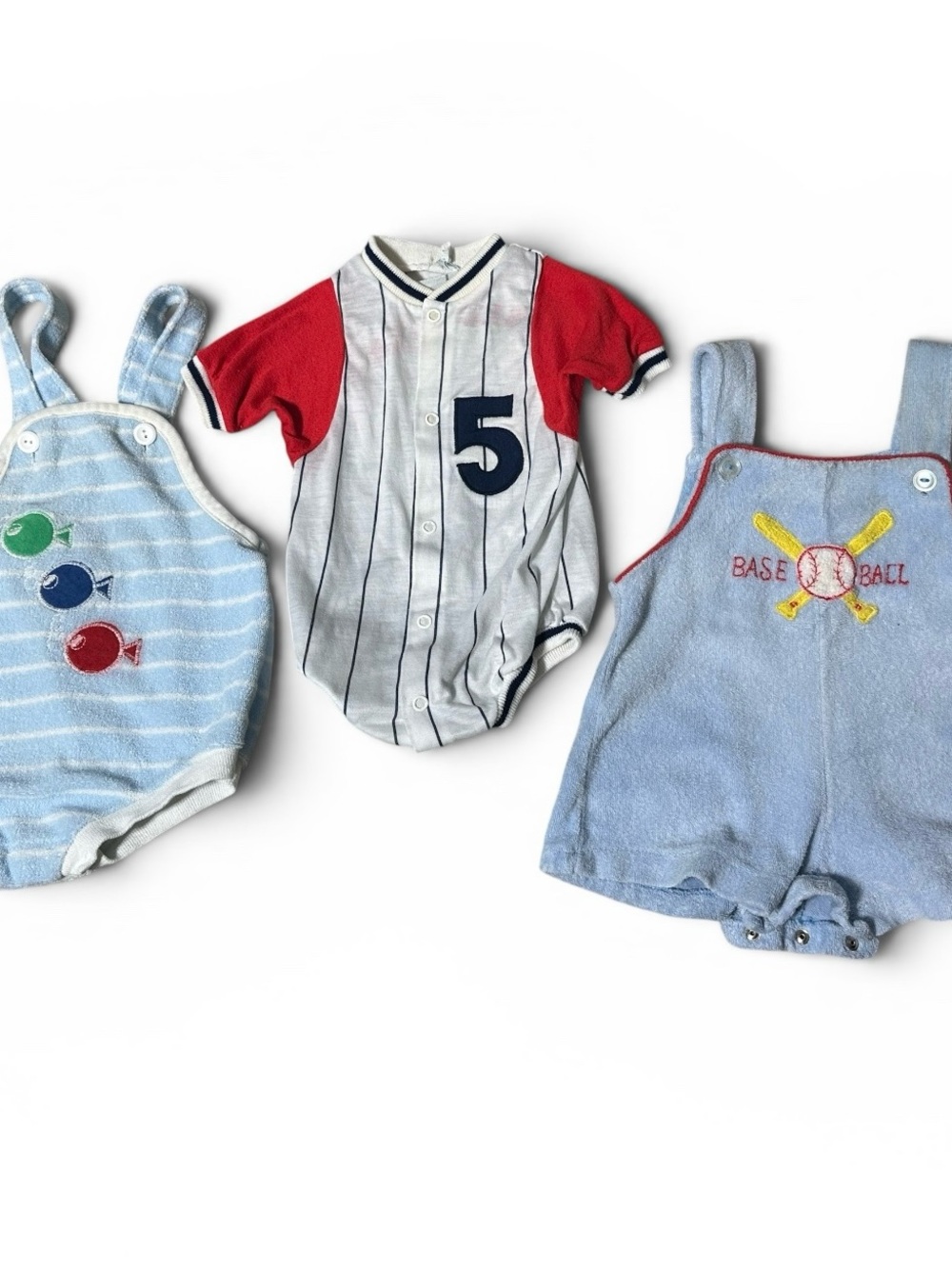 Vintage Baby Boy Terry Cloth Overalls One Piece 9-12M Baseball Lot 1970’s Fish